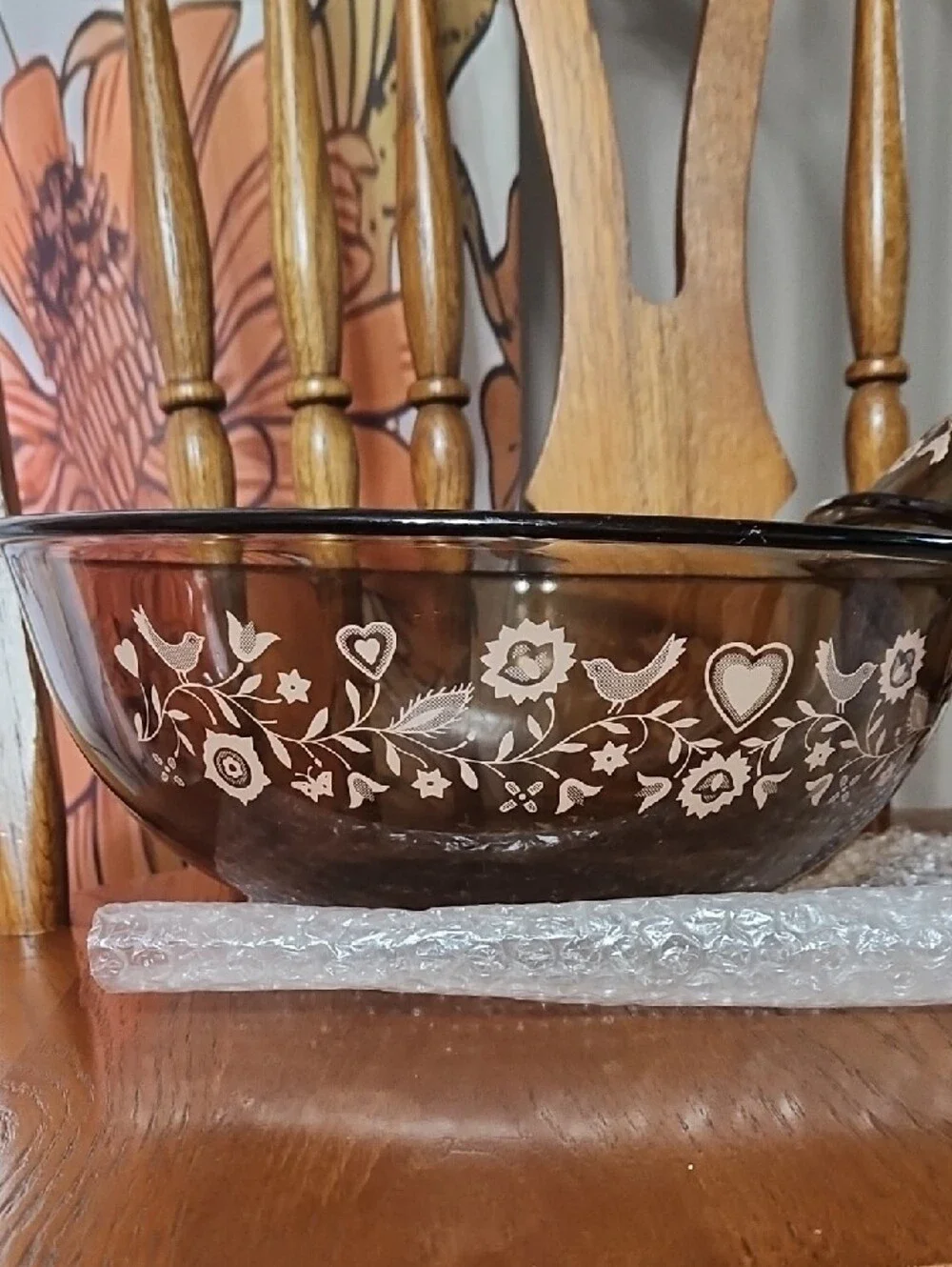 Vintage Amber Glass Mixing Bowl 2pc Set with  Floral Pattern